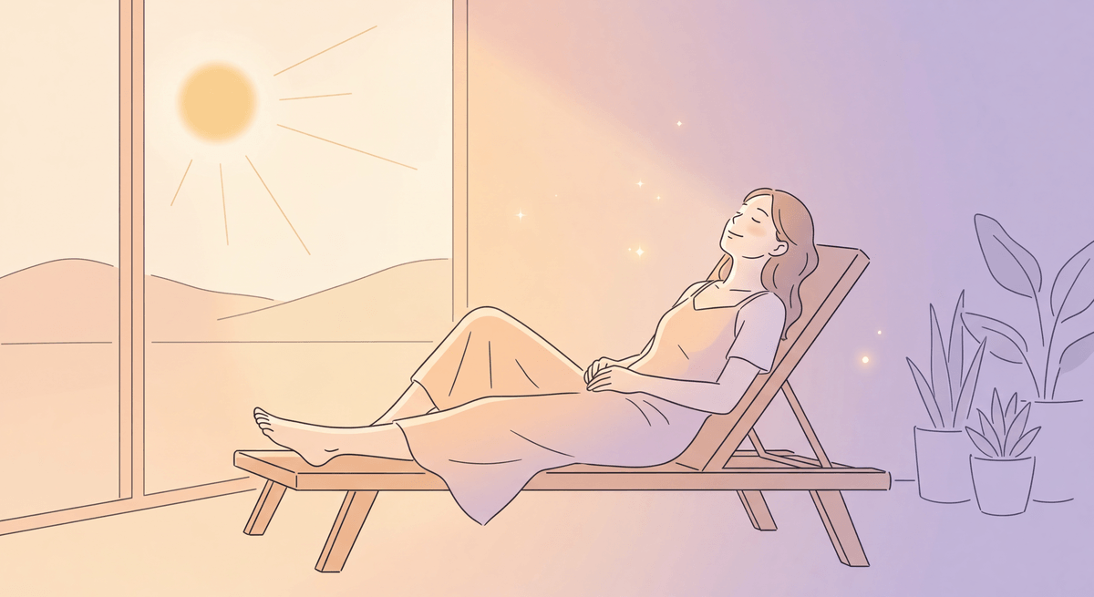体内時計・睡眠ホルモンを整えるために、朝起きて太陽の光を浴びてリラックスする女性のイラスト