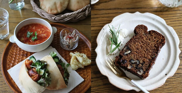 手作りのパンとスープを添えたメニュー。