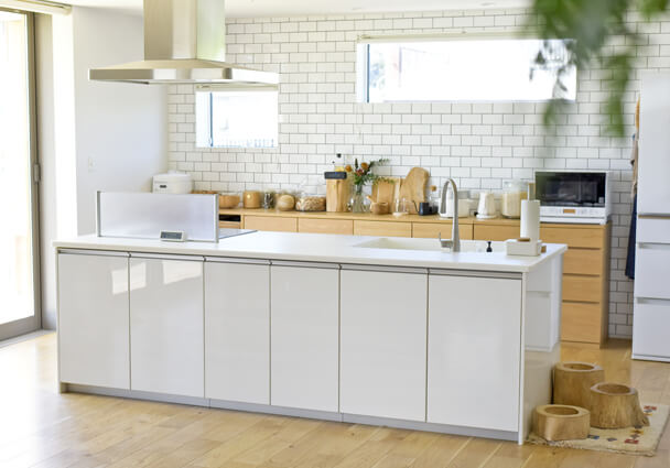 広々としたLDKの全体像、アイランドキッチンと犬用動線に配慮した設計