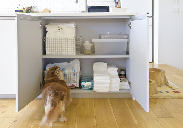 キッチンカウンター下の収納スペース、愛犬のお世話グッズも整理された使いやすい収納