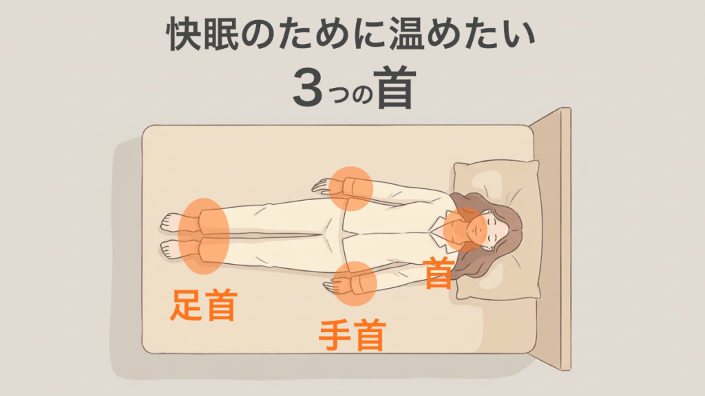 冬の快眠習慣として、効率よく全身を温めるために3首(足首・手首・首)を温めることを紹介したイラスト