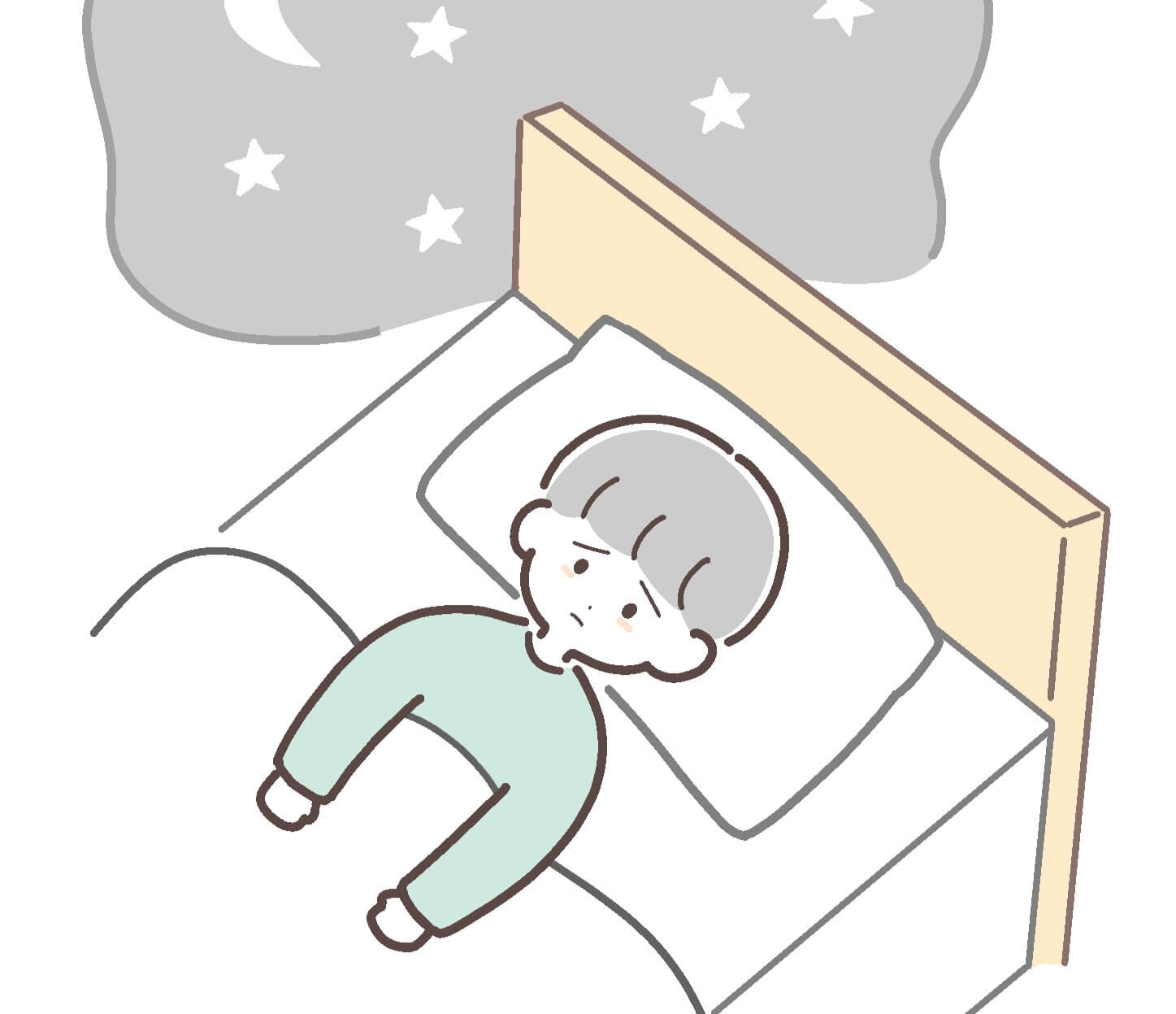 疲れているのに布団に入ってもなかなか寝付けない、睡眠の悩みを抱える人のイラスト