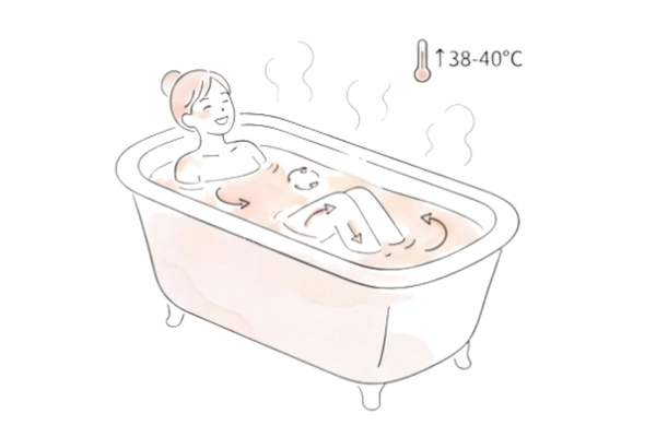38〜40℃の湯船に浸かり、体を温めて血行促進し疲れを癒す入浴イメージ