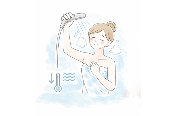 シャワーだけでは体の芯まで温まらず、疲れが取れにくい状態を表す女性のイラスト