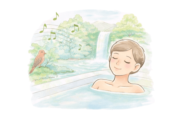 自然音のBGMを感じながら入浴しリラックスしている様子のイラスト