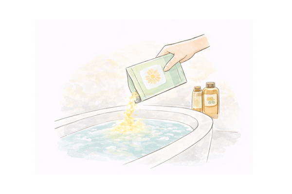 入浴剤をお湯に入れてリラックス効果を高める様子のイラスト