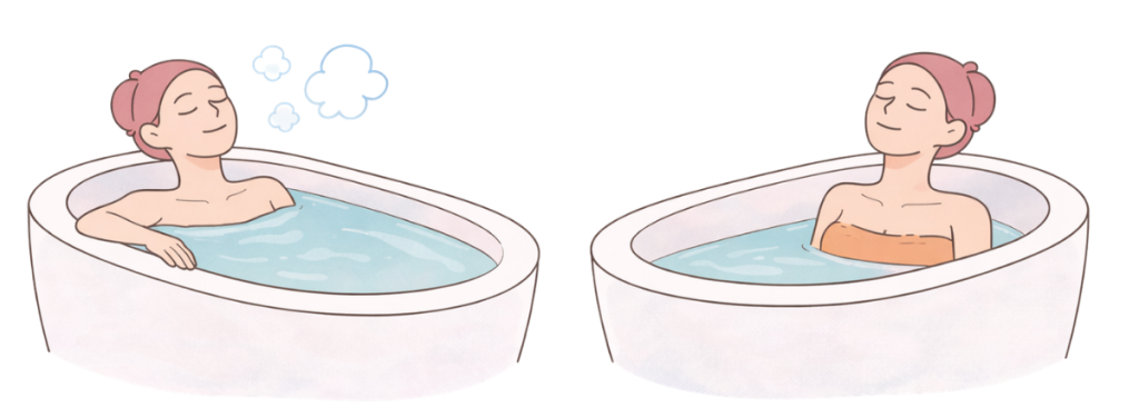 その日の体調に合わせて全身浴と半身浴を使い分ける入浴方法を表したイラスト
