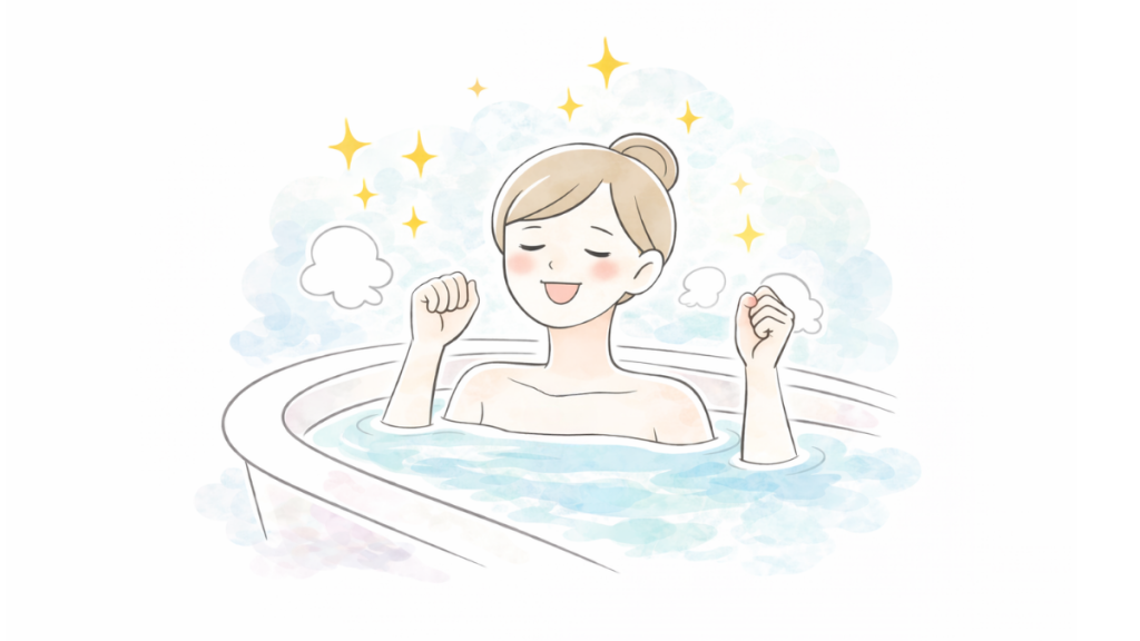 お風呂に浸かってリラックスし、疲れが取れてすっきりした様子の女性のイラスト