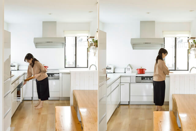U型キッチンで調理器具を取り出す女性。手元が近く、家事効率がぐんとアップする機能的な収納。